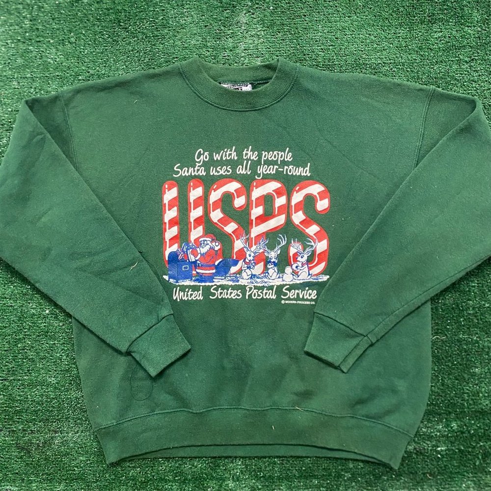 Vintage 90s USPS Postal Service Santa Christmas Crewneck Sweatshirt Green L